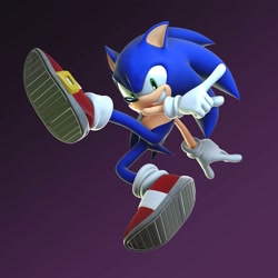 Size: 2000x2000 | Tagged: safe, artist:hyru_art, sonic the hedgehog, 2025, 3d, gradient background, looking at viewer, mid-air, pointing, posing, smile, solo