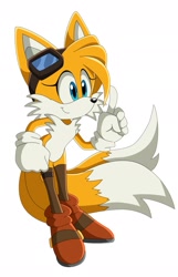 Size: 1322x2048 | Tagged: safe, artist:montyth, miles "tails" prower, 2024, boots, clenched fist, gender swap, goggles, looking offscreen, pointing, simple background, smile, sonic x style, standing, stockings, white background