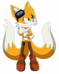 Size: 1654x2048 | Tagged: safe, artist:montyth, miles "tails" prower, 2024, arms folded, boots, frown, gender swap, goggles, looking away, looking offscreen, simple background, sonic x style, standing, stockings, white background