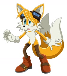 Size: 1800x2019 | Tagged: safe, artist:montyth, miles "tails" prower, 2024, boots, gender swap, goggles, looking offscreen, mouth open, simple background, sonic x style, standing, stockings, white background