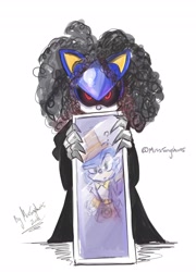 Size: 2957x4096 | Tagged: safe, artist:misstangshan95, metal sonic, sonic the hedgehog, duo, mirror, reflection, signature, simple background, white background