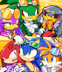 Size: 780x900 | Tagged: safe, artist:hanadahanaya, jet the hawk, knuckles the echidna, miles "tails" prower, sonic the hedgehog, storm the albatross, wave the swallow, babylon rogues, cross popping vein, group, screwdriver, sonic riders, team sonic