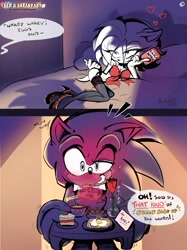 Size: 2989x4000 | Tagged: suggestive, artist:misstangshan95, amy rose, sonic the hedgehog, abstract background, amy x sonic, cake, chocolate, coffee, dialogue, duo, english text, food, fried egg, plate, rose, shipping, speech bubble, straight