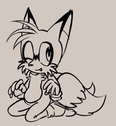 Size: 1649x1782 | Tagged: safe, artist:7ilesprower, miles "tails" prower, 2025, cute, grey background, kneeling, line art, looking offscreen, monochrome, one eye closed, one fang, simple background, smile, solo, wink