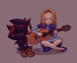 Size: 1226x993 | Tagged: safe, artist:cha0s_error, maria robotnik, shadow the hedgehog, human, 2025, brown background, cute, duo, eyes closed, guitar, holding something, legs crossed, looking at them, mariabetes, shadow (lighting), shadowbetes, signature, simple background, sitting, smile