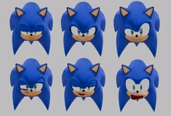 Size: 2048x1396 | Tagged: safe, artist:socktiger, sonic the hedgehog, 2025, 3d, clenched teeth, confused, expression sheet, frown, grey background, head only, lidded eyes, looking at viewer, mouth open, shocked, simple background, smile, smug, solo