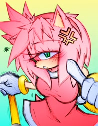 Size: 1596x2048 | Tagged: safe, artist:aza_rhodea, amy rose, 2025, blushing, clenched teeth, cross popping vein, eyebrow clipping through hair, gradient background, holding something, lidded eyes, looking at viewer, piko piko hammer, pointing, signature, solo, standing