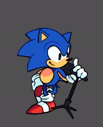 Size: 1668x2048 | Tagged: safe, artist:cvvqwyy4cx30888, sonic the hedgehog, 2025, classic sonic, crossover, friday night funkin, grey background, hand on hip, holding something, looking offscreen, microphone, simple background, smile, solo, standing, standing on one leg