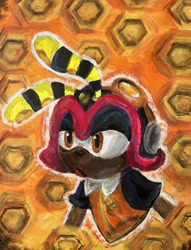 Size: 1562x2048 | Tagged: safe, artist:team_cha0tix, charmy bee, 2024, abstract background, lidded eyes, looking offscreen, mouth open, outline, solo, traditional media