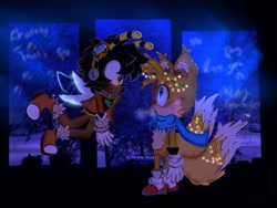 Size: 2048x1536 | Tagged: safe, artist:team_cha0tix, charmy bee, miles "tails" prower, 2024, abstract background, chaails, charmabetes, christmas, christmas lights, cute, flapping wings, flying, gay, looking at each other, mouth open, scarf, shipping, smile, standing, tailabetes