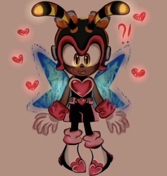 Size: 1942x2048 | Tagged: safe, artist:team_cha0tix, charmy bee, 2024, beige background, charmabetes, cute, exclamation mark, heart, mouth open, question mark, rouge's heart top, simple background, solo, standing, surprised