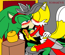 Size: 6478x5508 | Tagged: safe, artist:askscouriles, miles (anti-mobius), scourge the hedgehog, 2015, blushing, crown, dialogue, duo, english text, eyes closed, flat colors, gay, grey background, holding each other, kiss, lidded eyes, looking at them, ms paint, scouriles, shipping, simple background, sitting, sitting on them, throne