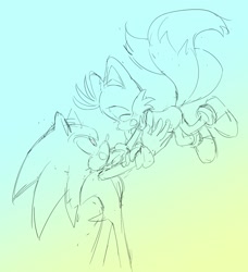 Size: 1454x1596 | Tagged: safe, artist:s2_lina_, miles "tails" prower, sonic the hedgehog, 2025, carrying them, cute, duo, eyes closed, gradient background, line art, looking at them, monochrome, mouth open, sketch, smile, sonabetes, standing, tailabetes