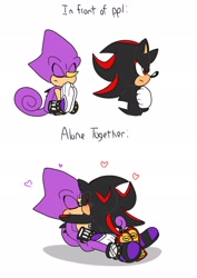 Size: 1446x2048 | Tagged: safe, artist:aridombo, espio the chameleon, shadow the hedgehog, 2025, arms folded, blushing, cuddling, cute, duo, english text, eyes closed, flat colors, frown, gay, heart, holding each other, looking offscreen, shadow (lighting), shadpio, shipping, simple background, smile, standing, white background