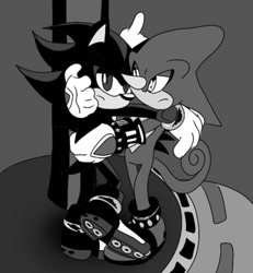 Size: 768x831 | Tagged: safe, artist:aridombo, espio the chameleon, shadow the hedgehog, 2025, abstract background, duo, frown, gay, greyscale, holding each other, lidded eyes, looking at them, looking at viewer, monochrome, shadpio, shipping, standing