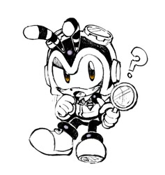 Size: 462x487 | Tagged: safe, artist:boyscout_badger, charmy bee, 2025, charmabetes, confused, cute, holding something, lollipop, looking offscreen, monochrome, mouth open, question mark, simple background, solo, standing, white background