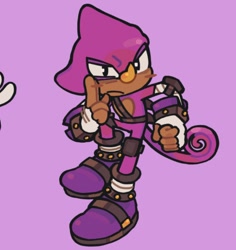 Size: 1170x1238 | Tagged: safe, artist:surgezk, espio the chameleon, 2025, alternate outfit, belt, blushing, clenched fist, cute, espibetes, fingerless gloves, frown, looking offscreen, purple background, simple background, solo, standing