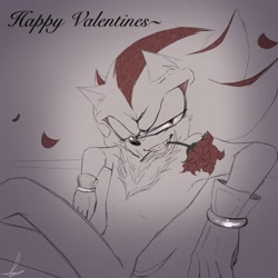 Size: 2048x2048 | Tagged: safe, artist:crustycarrots, shadow the hedgehog, 2025, clenched teeth, flower, lidded eyes, line art, looking at viewer, monochrome, mouth hold, petal, rose, signature, sitting, smile, solo, stupid sexy shadow, valentine's day