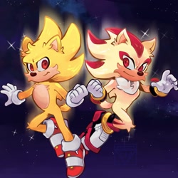 Size: 2048x2048 | Tagged: safe, artist:monsxys, shadow the hedgehog, sonic the hedgehog, super shadow, super sonic, 2025, abstract background, chest fluff, clenched fist, duo, ear fluff, flying, leg fluff, looking at viewer, mid-air, smile, sparkles, star (sky), super form