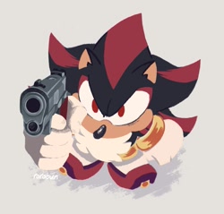 Size: 1071x1026 | Tagged: safe, artist:rorobun, shadow the hedgehog, 2025, ear fluff, from above, grey background, gun, holding something, looking offscreen, looking up, no mouth, shadow (lighting), signature, simple background, solo