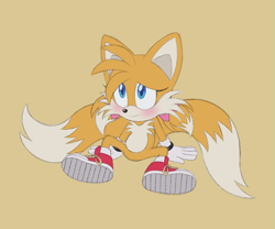 Size: 1261x1049 | Tagged: safe, artist:itoruna-the-platypus, miles "tails" prower, oc, oc:hayley copter, 2025, blushing, bow, cute, eyelashes, gender swap, hair up, looking offscreen, ponytails, shoelaces, simple background, smile, solo, yellow background