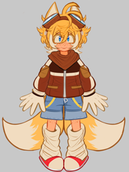 Size: 1536x2048 | Tagged: safe, artist:qrcoded, miles "tails" prower, human, 2025, aviator jacket, eye clipping through hair, fox ears, fox tail, freckles, goggles, grey background, humanized, jacket, leg warmers, looking at viewer, partially humanized, scarf, shorts, simple background, smile, solo, standing