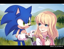 Size: 1665x1263 | Tagged: safe, artist:isa_illustrate, sonic the hedgehog, human, border, cute, daytime, disabled, duo, eye clipping through hair, eyebrow clipping through hair, grass, helen, holding something, lake, looking at each other, mouth open, outdoors, redraw, signature, smile, sonic x, standing, water, wheelchair, wholesome