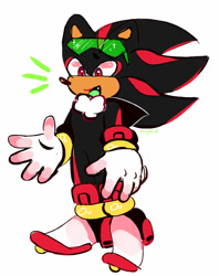 Size: 1024x1291 | Tagged: safe, artist:cerculor, shadow the hedgehog, 2018, cute, green tongue, looking offscreen, mouth open, one fang, shadowbetes, simple background, smile, solo, sonic riders, standing, white background