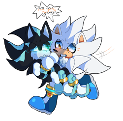 Size: 1024x1007 | Tagged: safe, artist:cerculor, mephiles the dark, silver the hedgehog, 2017, carrying them, clenched teeth, dialogue, duo, english text, frown, gay, looking at each other, mephilver, outline, running, shipping, simple background, tears, transparent background