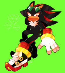 Size: 1024x1155 | Tagged: safe, artist:cerculor, shadow the hedgehog, 2018, chaos emerald, eyestrain, frown, green background, looking at viewer, signature, simple background, solo, sonic free riders, standing, sunglasses