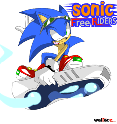 Size: 800x846 | Tagged: safe, artist:wallacexteam, sonic the hedgehog, 2010, extreme gear, flat colors, logo, looking at viewer, mouth open, signature, simple background, smile, solo, sonic free riders, white background, wink