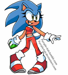 Size: 400x442 | Tagged: safe, artist:purrple-kat, sonic the hedgehog, chaos emerald, clenched teeth, clothes, crop top, deviantart watermark, eyelashes, gender swap, holding something, looking offscreen, pants, signature, simple background, smile, solo, standing, watermark, white background