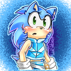 Size: 768x768 | Tagged: safe, artist:sophthehedgie64, sonic the hedgehog, 2017, abstract background, blushing, clothes, crop jacket, cute, ear fluff, eyelashes, gender swap, looking at viewer, mouth open, outline, pants, signature, solo, sonabetes, speedpaint available, speedpaint in description, standing