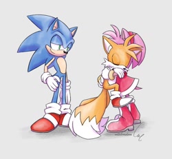 Size: 1300x1200 | Tagged: safe, artist:vettelemdam, amy rose, miles "tails" prower, sonic the hedgehog, 2023, carrying them, eyes closed, grey background, hand on hip, lidded eyes, looking at them, signature, simple background, sleeping, smile, standing, trio