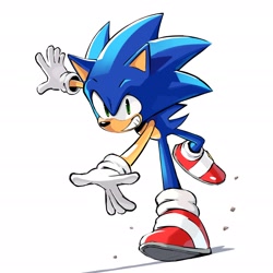 Size: 1926x1926 | Tagged: safe, artist:sebastoonsart, sonic the hedgehog, 2025, clenched teeth, looking at viewer, running, shadow (lighting), simple background, smile, solo, tyson hesse style, white background