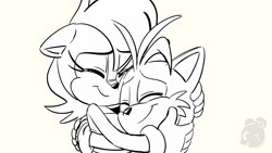 Size: 1920x1080 | Tagged: safe, artist:cybertoothcubs, miles "tails" prower, sally acorn, 2023, cute, duo, eyes closed, hugging, line art, monochrome, simple background, smile, white background