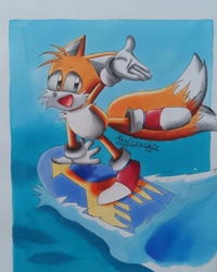 Size: 1080x1352 | Tagged: safe, artist:adairyaskie, miles "tails" prower, sonic the ova, 2024, hand up, looking at viewer, mouth open, redraw, signature, smile, solo, surfboard, traditional media, water