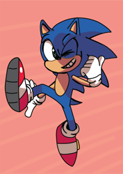 Size: 474x670 | Tagged: safe, artist:prowur, sonic the hedgehog, 2022, clenched teeth, leg up, looking at viewer, mid-air, red background, redraw, simple background, smile, solo, thumbs up, wink