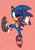 Size: 474x670 | Tagged: safe, artist:prowur, sonic the hedgehog, 2022, clenched teeth, leg up, looking at viewer, mid-air, red background, redraw, simple background, smile, solo, thumbs up, wink