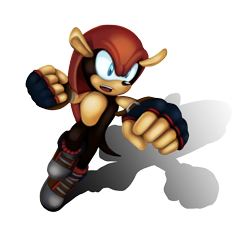 Size: 1000x917 | Tagged: safe, artist:sonicolas, mighty the armadillo, 2017, boots, clenched fists, fingerless gloves, lineless, looking offscreen, mid-air, mouth open, shadow (lighting), simple background, solo, transparent background