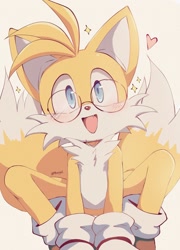 Size: 1369x1902 | Tagged: safe, artist:pdangel_, miles "tails" prower, 2025, crouching, cute, glasses, heart, looking at viewer, mouth open, one fang, signature, simple background, smile, solo, sparkles, tailabetes, white background