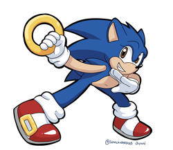 Size: 2048x1777 | Tagged: safe, artist:sonicaspeed123, sonic the hedgehog, 2023, alternate eye color, brown eyes, clenched teeth, eyelashes, holding something, looking at viewer, posing, ring, signature, simple background, smile, solo, standing, transparent background