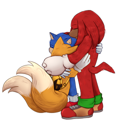 Size: 1000x1000 | Tagged: safe, artist:vencafe, knuckles the echidna, miles "tails" prower, sonic the hedgehog, sonic the hedgehog 3 (film), 2025, backsack, eyes closed, group hug, hugging, simple background, standing, team sonic, transparent background, trio