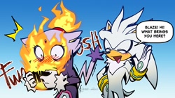 Size: 1600x900 | Tagged: safe, artist:milk_addicc, blaze the cat, silver the hedgehog, dialogue, duo, english text, fire, gradient background, sfx, shipping, silvaze, speech bubble, straight