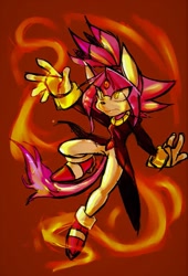 Size: 695x1024 | Tagged: safe, artist:charmcaster707, blaze the cat, 2019, eye clipping through hair, fire, frown, looking offscreen, mid-air, red background, simple background, solo