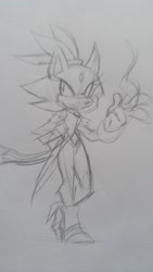 Size: 5312x2988 | Tagged: safe, artist:charmcaster707, blaze the cat, 2019, fire, flame, frown, hand on hip, line art, looking at viewer, monochrome, pencilwork, sketch, solo, standing, traditional media, v sign