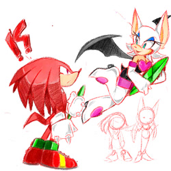 Size: 1024x1024 | Tagged: safe, artist:charmcaster707, knuckles the echidna, rouge the bat, 2018, clenched fists, duo, exclamation mark, flying, frown, holding something, looking at each other, master emerald shard, question mark, simple background, sketch, smile, standing, white background