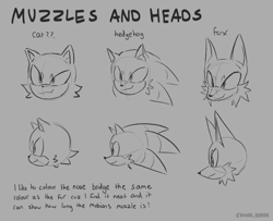 Size: 1998x1620 | Tagged: safe, artist:cha0s_error, cat, fox, hedgehog, 2025, drawing tutorial, generic mobian, grey background, head only, line art, looking offscreen, monochrome, simple background, smile, trio, tutorial