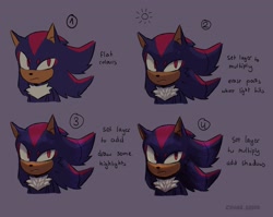 Size: 2039x1620 | Tagged: safe, artist:cha0s_error, shadow the hedgehog, 2025, beanbrows, bust, drawing tutorial, english text, frown, grey background, shading tutorial, simple background, solo, tutorial