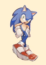 Size: 1448x2048 | Tagged: safe, artist:nibonibo05, sonic the hedgehog, 2025, cream background, hands on hips, looking at viewer, mouth open, signature, simple background, solo, standing, yellow background